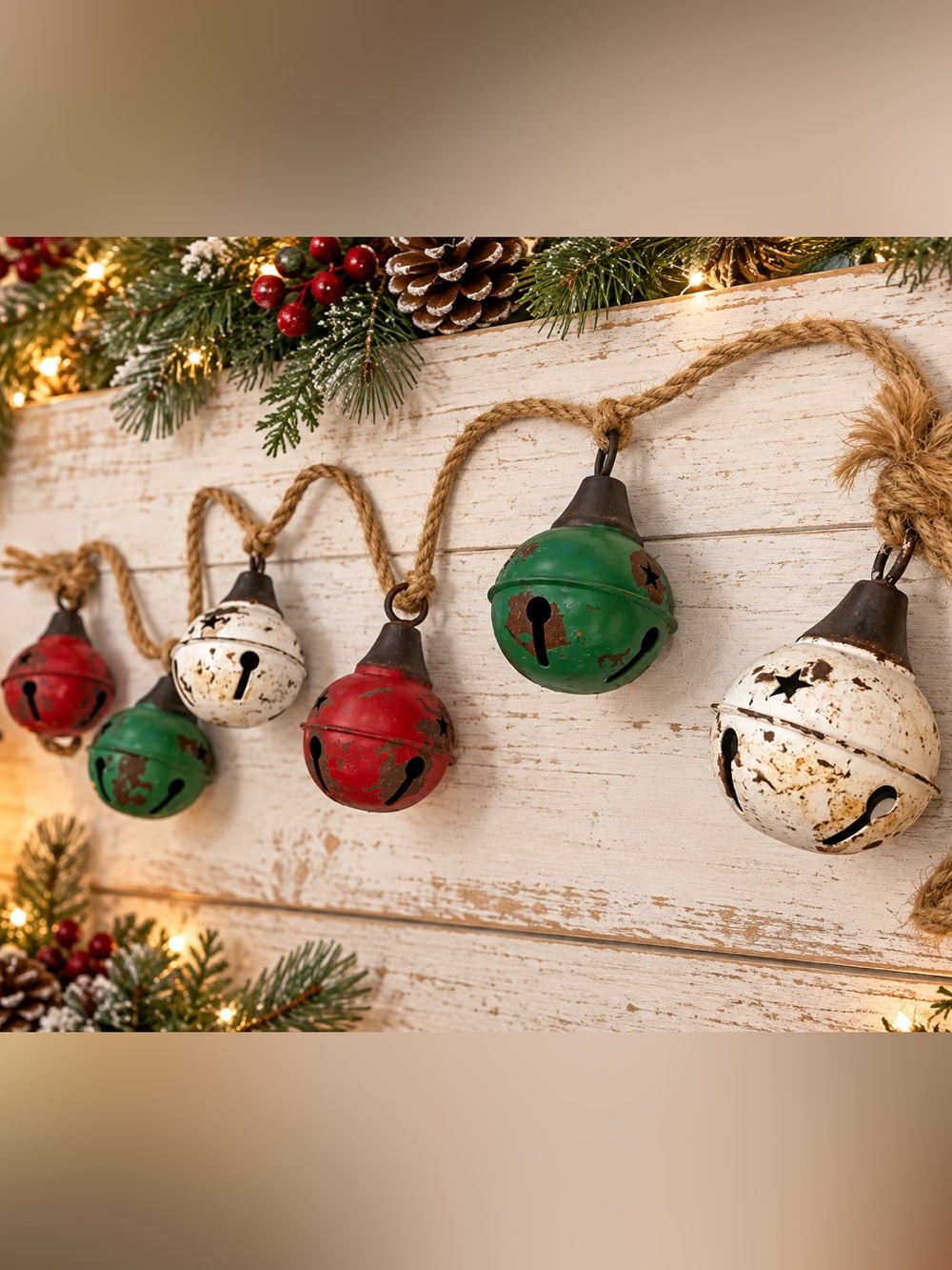 Rustic Christmas Jingle Bell Garland Red Green White Metal Bells Jute Rope 52”